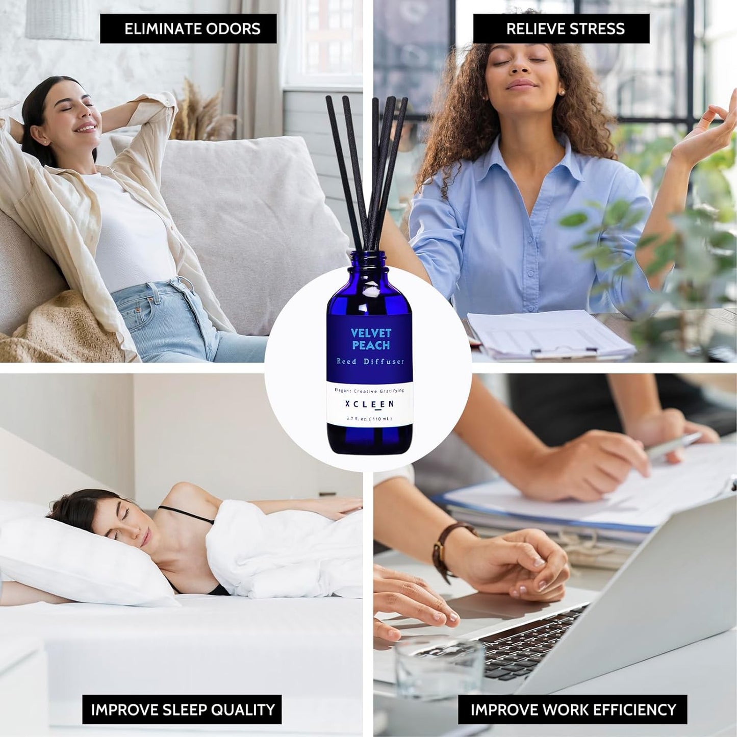 Xcleen Reed Diffusers Set, 3.7 Oz Scent Diffuser, 6 Reed Diffuser Sticks, Home Fragrance Hyacinth, Peony & Citrus, Aromatherapy Oil Diffuser Reeds, More Masculine Scent, Bathroom & Office Decor 110ml