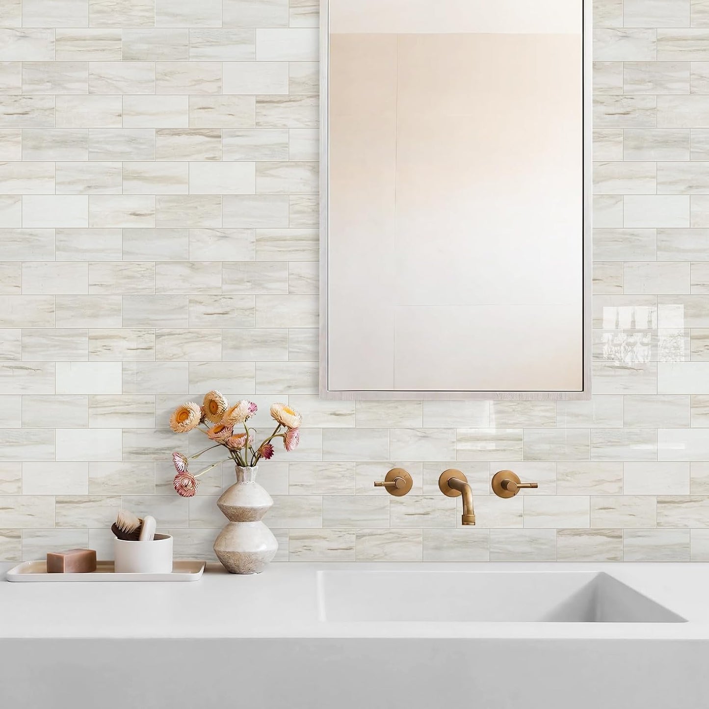 Vamos Tile 100-Piece Glossy Dolomite White Peel and Stick Backsplash Tile,3''x6'' PVC Subway Tile with White Grout, Stick on Backsplash for Kitchen/Bathroom/Fireplace