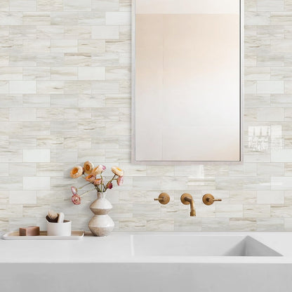 Vamos Tile 100-Piece Glossy Dolomite White Peel and Stick Backsplash Tile,3''x6'' PVC Subway Tile with White Grout, Stick on Backsplash for Kitchen/Bathroom/Fireplace