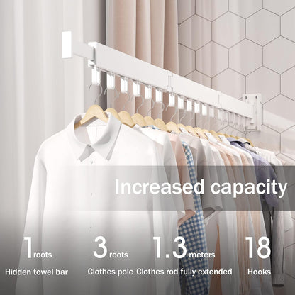 LIENAHU Wall Mounted Clothes Drying Rack, Collapsible, Folding, Retractable - Clothes Hanging Rack (Hooks, White)