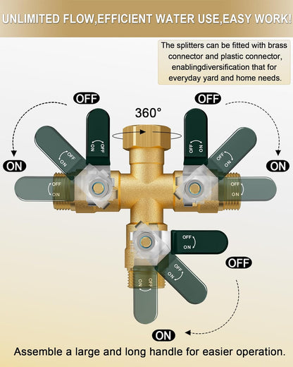 EBH Garden Hose Splitter 2 Way, Heavy Duty Solid Brass Hose Splitter with Shutoff Valves, Water Spigot Splitter With 304 Stainless Steel Handle, Full Flow Outdoor Faucet Splitter, 3/4" GHT Thread