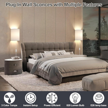 Battery Operated Wall Sconce Set of Two: 10000mAh Wireless Wall Light with Rechargeable Magnetic Bulb - Dimmable Wall Lamp with 7 RGB Colors - Linen Shade Sconces with Remote for Bedroom Living Room