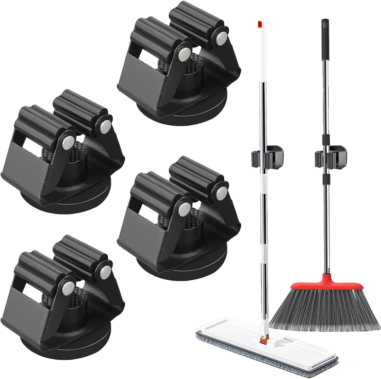 4 Pack Strong Magnetic Broom Holder, No Drill Heavy Duty Mop and Tool Organizer with Anti-Slip Rubber Grippers, Movable Wall Mounted Storage Rack for Kitchen, Garage, Garden, RV and Laundry, Black