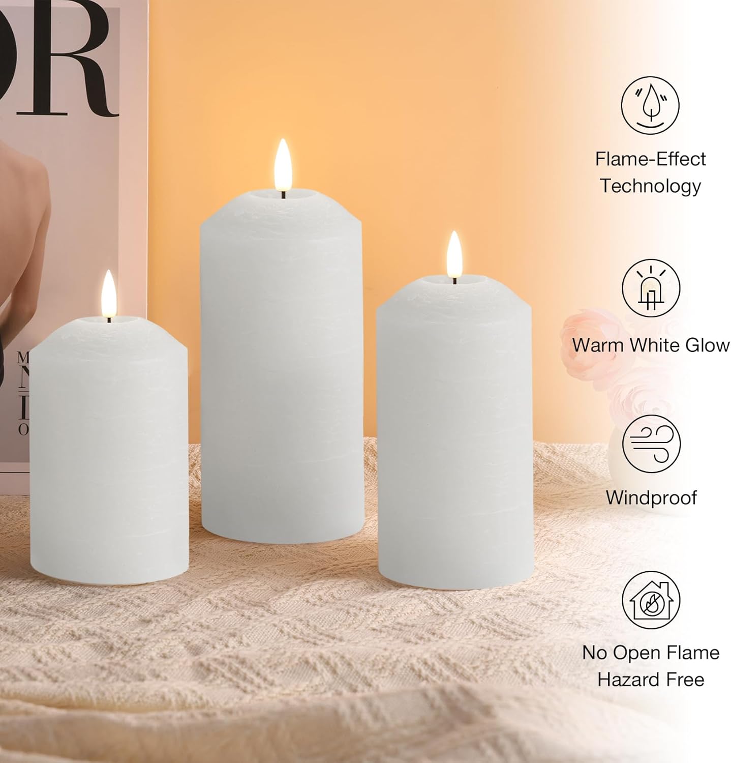 Eywamage White Flameless Pillar Candles with Remote, Flickering LED Candles Battery Powered Real Wax Set of 3