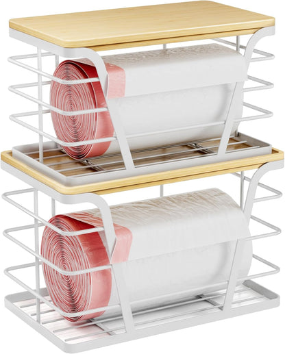TIDIIABODE 2 Pack Stackable Storage Laundry Kitchen Organizers, Wall Mount Trash Bag Holder with Bamboo Top and Garbage Bag Dispenser No Drill