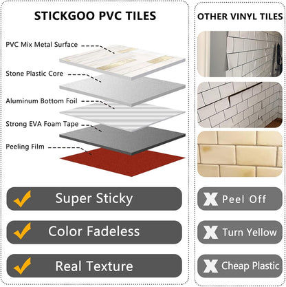 STICKGOO 20 Sheets Peel and Stick Backsplash Tile, Stick on Backsplash for Kitchen and Bathroom, White Sandstone Look PVC Mixed Metal Gold Self Adhesive Wall Tiles