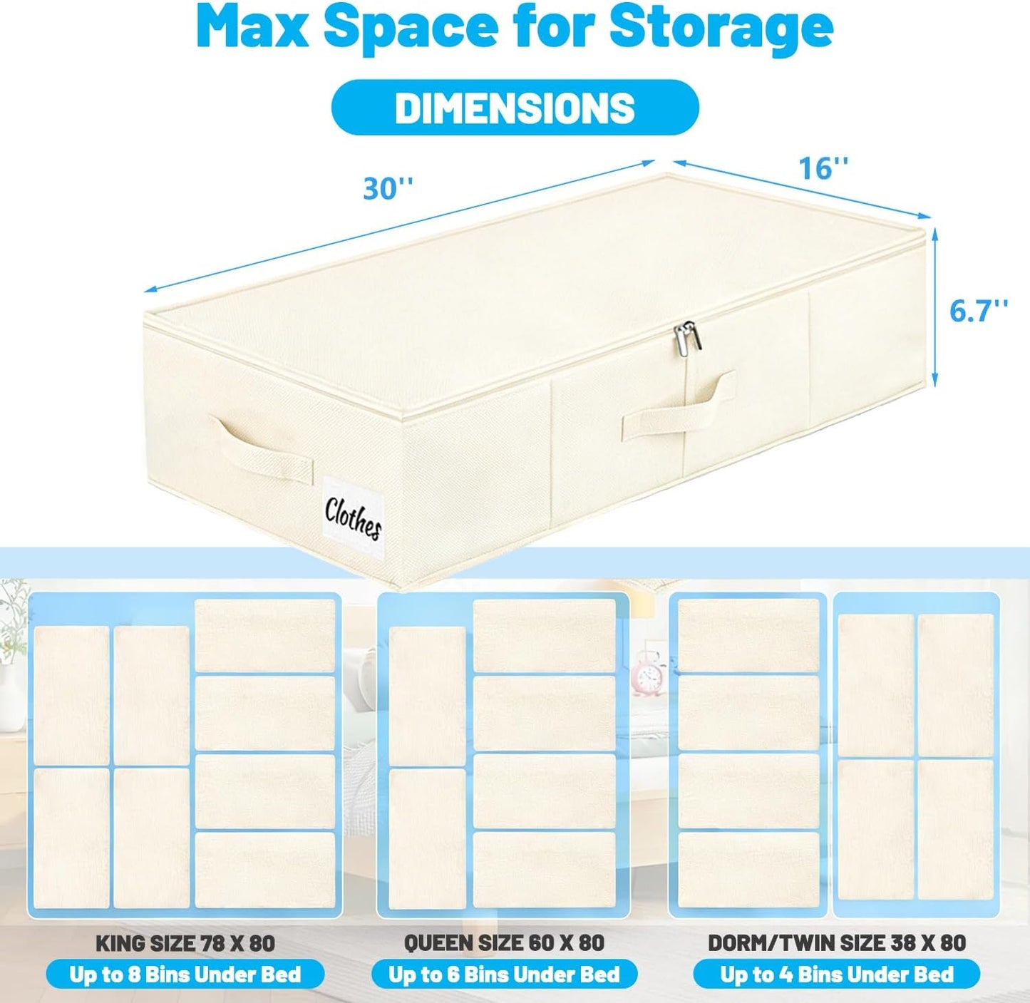 Under Bed Storage Container Bins 2 Pack, Low Profile Foldable Underbed Clothes Storage Organizer W/ Ultra Thick Fabric and Sturdy Bottom/Sides, Dual Zipper Storage Box for Dorm and Home 30x16x6.7"