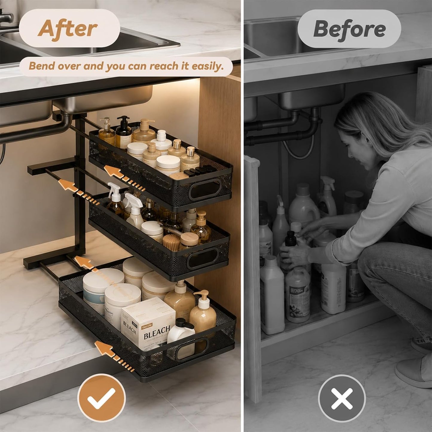 3-Tier Under Sink Organizer 2-Pack Thickened Metal Pull out Cabinet Shelf Height Adjustable Slide Out Drawer Storage Rack for Bathroom Kitchen Pantry Laundry Home Office Organization (Black)
