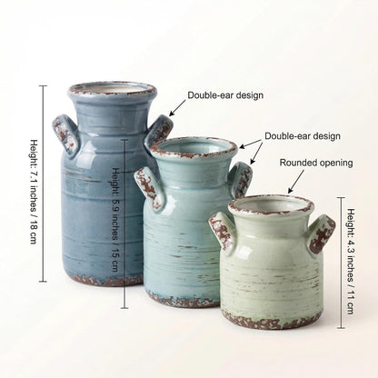Ceramic Vase Set of 3 with Handles, Green White Neutral Rustic Modern Farmhouse Boho Decor, Versatile as Table Centerpiece or Mantel & Shelf Accent - Unique Home Gift Idea