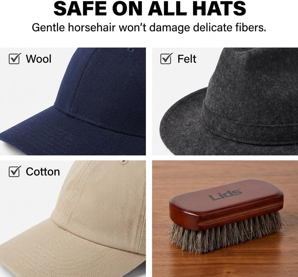 Lids Premium Horsehair Hat Brush - Soft Bristle Wood Handle Felt Hat Cleaner - Professional Hat Brush Cleaning Removes Dust Stains Pet Hair from Cowboy, Felt, Wool Fedoras, Baseball Caps & Snapbacks