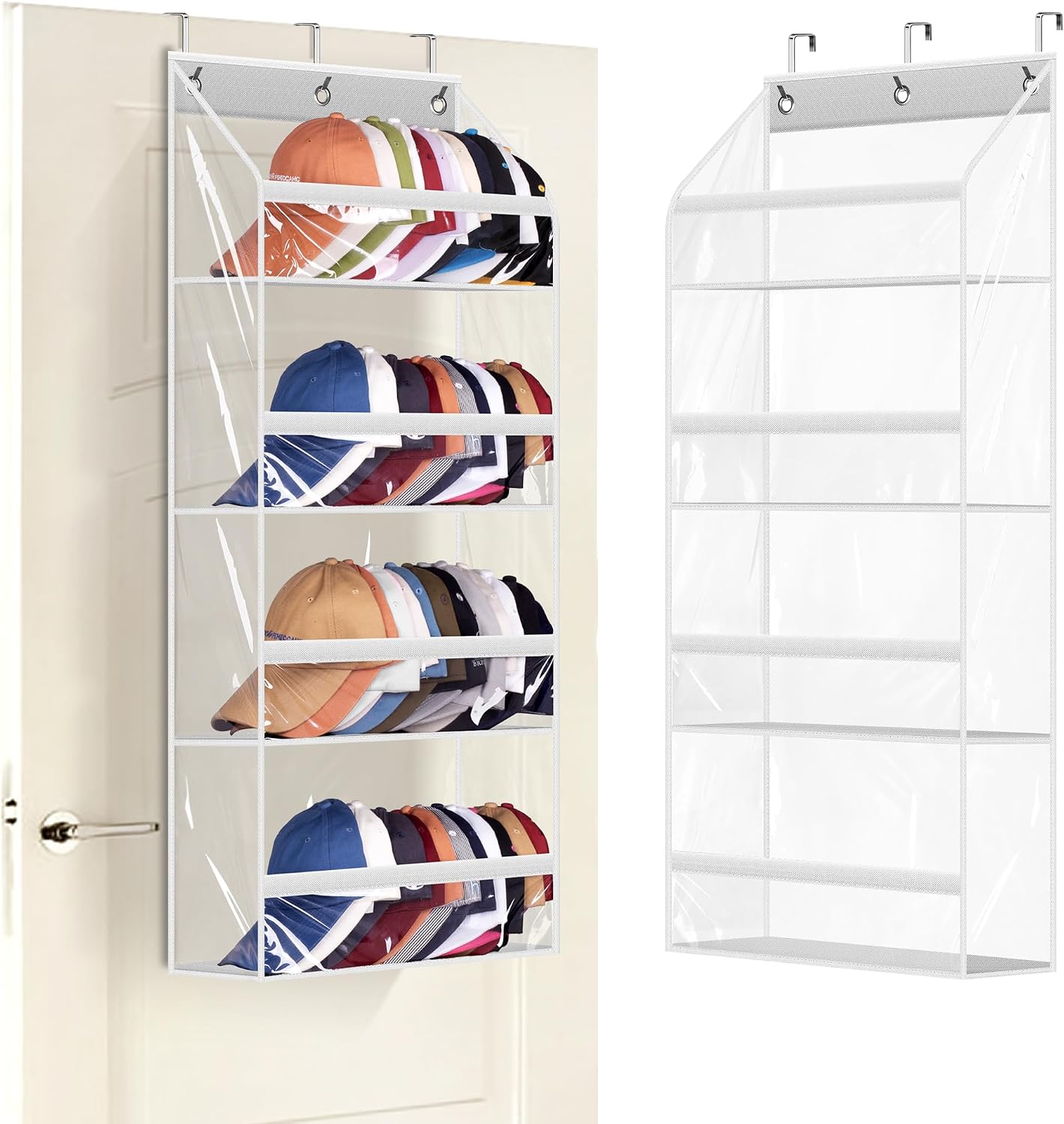 AOODA Clear Over the Door Hat Racks for Baseball Caps, Large Holds up to 72 Caps Hat Storage Organizer for Closet Wall, Deep Pockets Hanging Snapback Holder Shelves with 3 Hooks, White