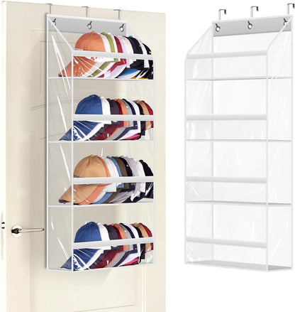 AOODA Clear Over the Door Hat Racks for Baseball Caps, Large Holds up to 72 Caps Hat Storage Organizer for Closet Wall, Deep Pockets Hanging Snapback Holder Shelves with 3 Hooks, White
