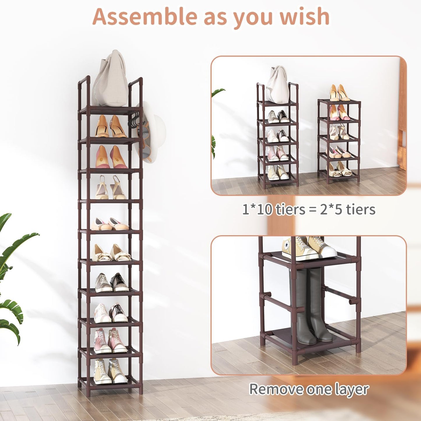 LANTEFUL Tall Narrow Shoe Rack for Entryway, 10-Tier Sturdy Metal Shoe Shelf Storage 10-15 Pairs of Shoes and Boots, Space Saving Corner Shoe Rack Organizer for Closet,Doorway,Garage,Living Room