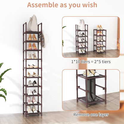 LANTEFUL Tall Narrow Shoe Rack for Entryway, 10-Tier Sturdy Metal Shoe Shelf Storage 10-15 Pairs of Shoes and Boots, Space Saving Corner Shoe Rack Organizer for Closet,Doorway,Garage,Living Room