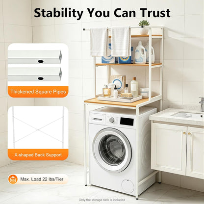 Over Washer Storage,3 Tier Washer and Dryer Storage Rack,Laundry Room Storage with Top Crossbar,Space Saver Standing Rack Utility Shelves for Bathroom Laundry Room,69" Height (Black+Oak)
