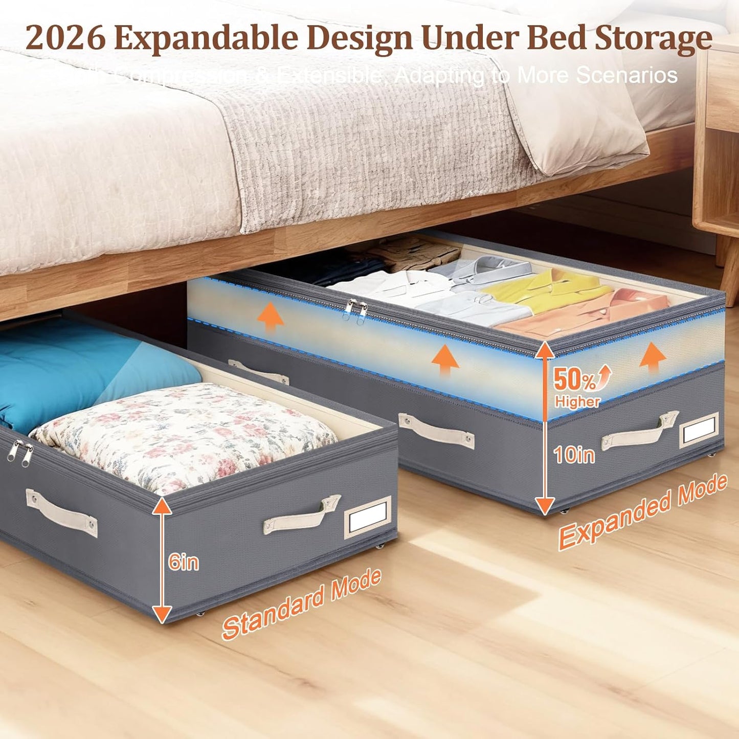 Dolicer 2 Pack Under Bed Storage with Wheels, 6in-10in Height Adjustable Underbed Storage Containers, 92L XXXL Under Bed Drawers Rolling Bin with Clear Lids for Dorm Shoes Clothes Organizers(Grey)