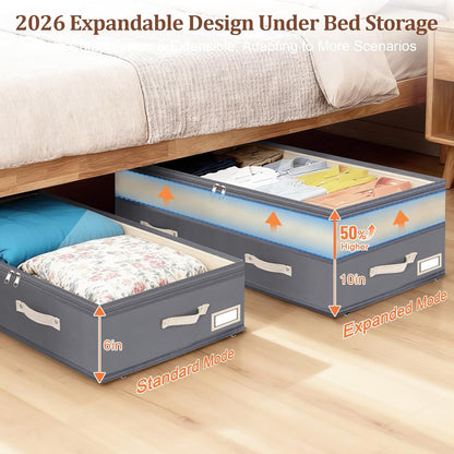 Dolicer 2 Pack Under Bed Storage with Wheels, 6in-10in Height Adjustable Underbed Storage Containers, 92L XXXL Under Bed Drawers Rolling Bin with Clear Lids for Dorm Shoes Clothes Organizers(Grey)