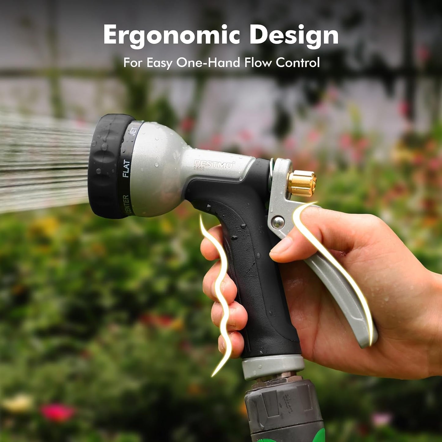 RESTMO Garden Hose Nozzle Heavy Duty, Leak-proof Water Hose Sprayer | 7 Adjustable Spray Patterns, Durable Metal, Flow Control, Ideal for Plants & Lawns Watering, Cars & Pets Washing, Green