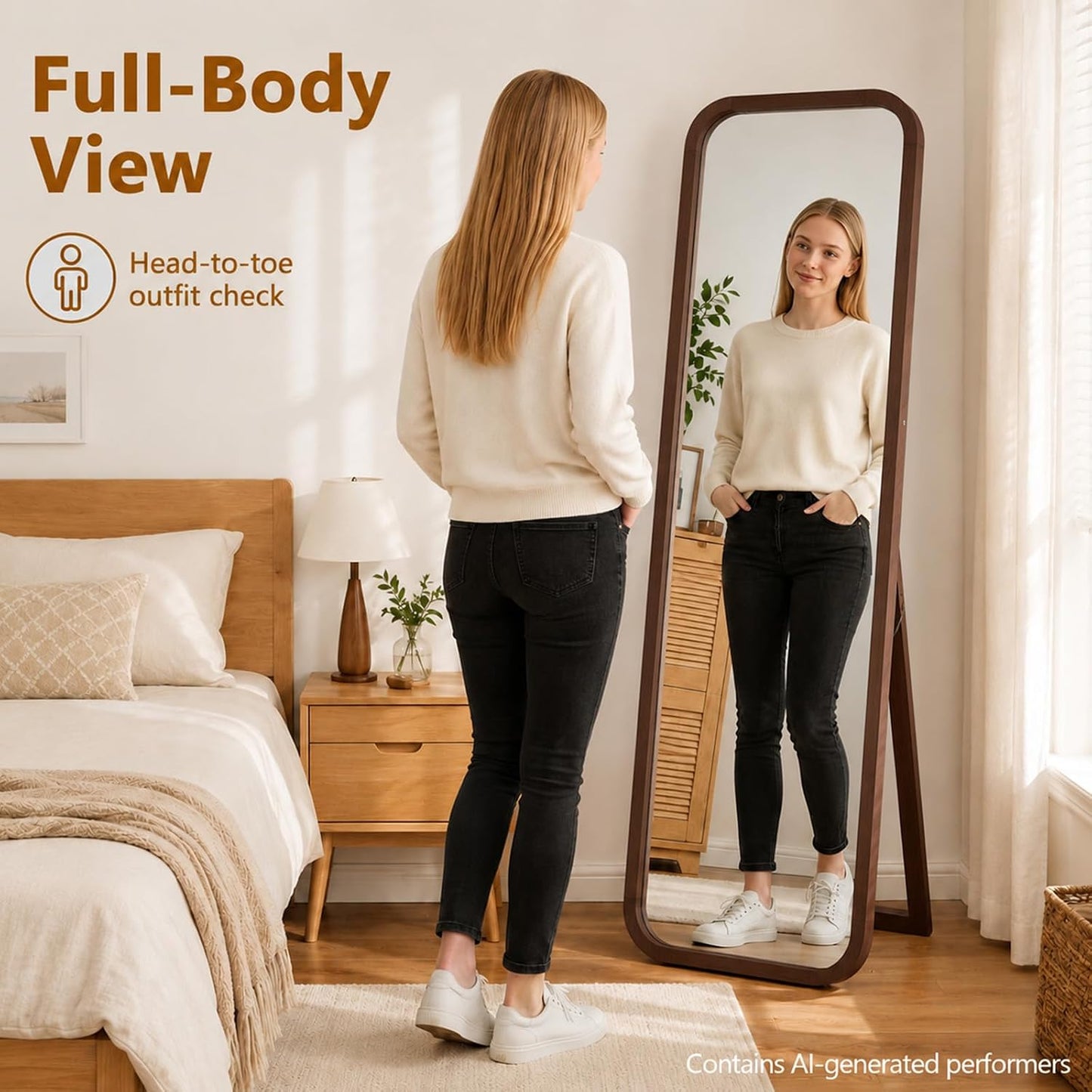 Anwick Full Length Floor Mirror Wood Frame Standing Mirror Walnut 63 in | Solid Wood Frame, Clear Float Glass, Adjustable Stand or Wall Mount, Rounded Walnut Finish for Bedroom or Dressing Room