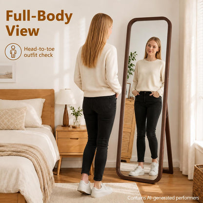 Anwick Full Length Floor Mirror Wood Frame Standing Mirror Walnut 63 in | Solid Wood Frame, Clear Float Glass, Adjustable Stand or Wall Mount, Rounded Walnut Finish for Bedroom or Dressing Room