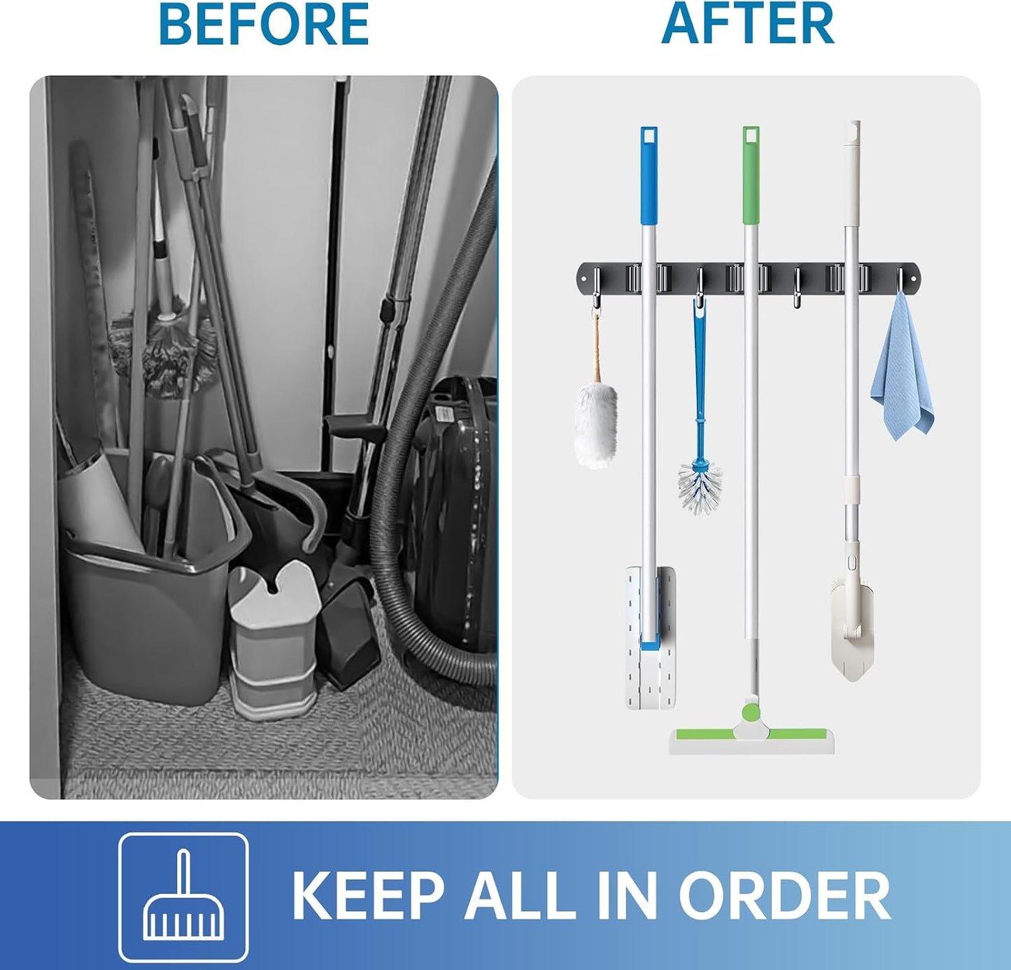 ZONGOOL 2 Pack Broom Holder Wall Mount, 4 Racks and 5 Hooks Mop Hanger Wall Mount Broom Organizer Stainless Steel Heavy Duty Garage Tool Racks for Home Kitchen Garden Laundry (Black)