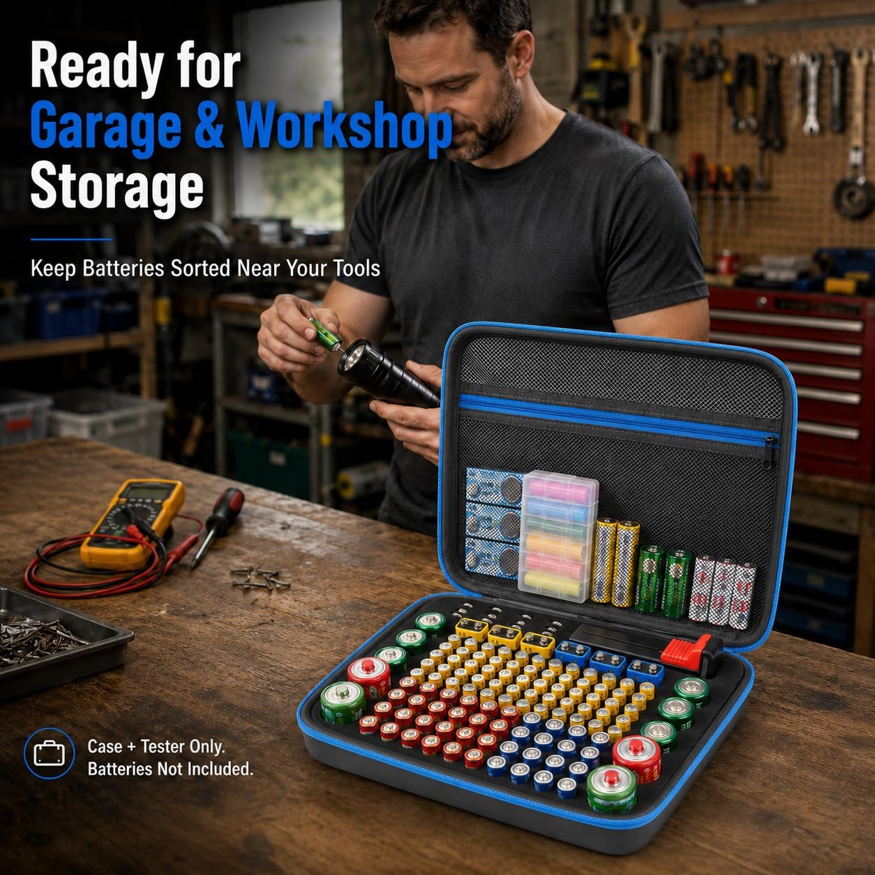 ALKOO 136+ Battery Organizer Storage Case with BT-168 Tester | AA AAA C D 9V & Button Cells Batteries Holder Box, Foam Protection, Home / Garage / Drawer Organization, Case Only, Red