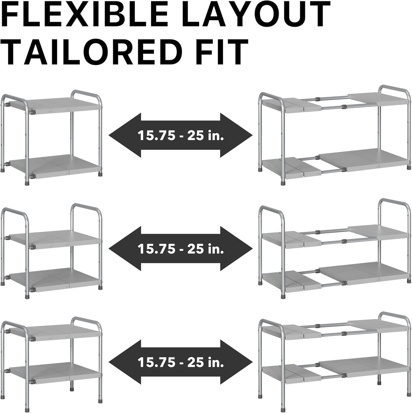 Simple Houseware Under Sink 2-Tier Heavy Duty Expandable Rack Organizer, Adjustable Width 15.75–25 Inches with 4 Shelf Height Levels, Silver