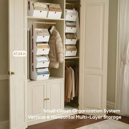 Homsorout Hanging Closet Organizer 4 Tier - Clothes Hanging Shelves, Space-Saving Closet System, Fabric Storage Bins Bedroom Organization, Collapsible Baskets for Home, Dorm, Rv, Beige