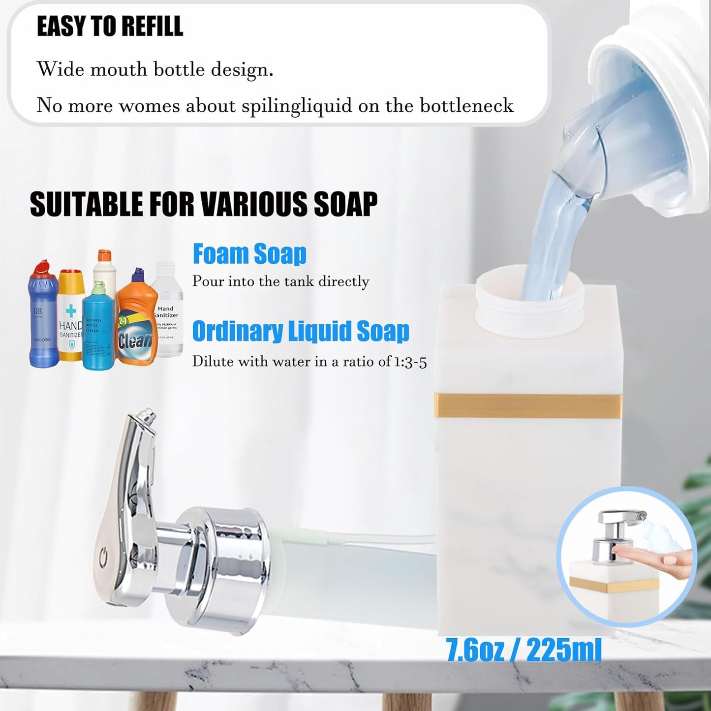 Automatic Soap Dispenser, Touchless Smart Foam Soap Dispenser for Kitchen and Bathroom, USB Rechargeable, 7.6oz/225ml, Hands-Free Dish & Hand Soap Dispenser