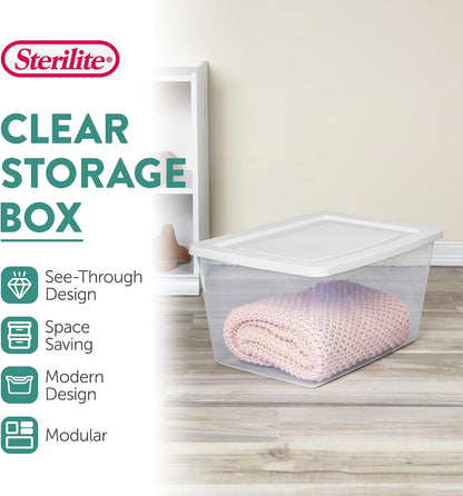 Sterilite 6 Pack Storage Box, 41 Quart Stackable Tote, Clear Plastic Container with Secure Snapping White Lids for Home and Office Organization