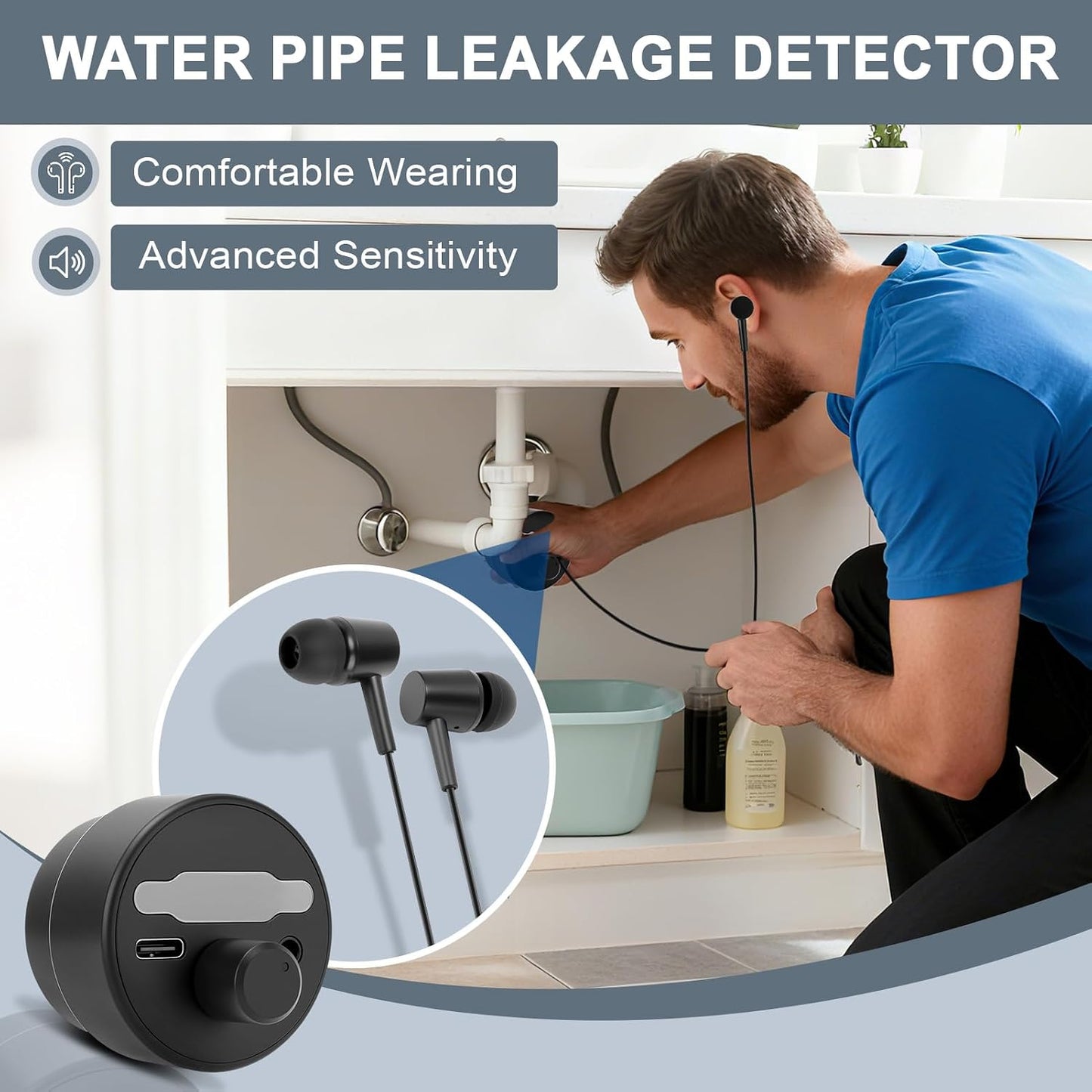 Water Leak Detector, Underground High Sensitivity Water Leak Detector with Headset, Water Leak Detection Device for Water Leakage Detection Construction Pipelines (with Large Earphone)
