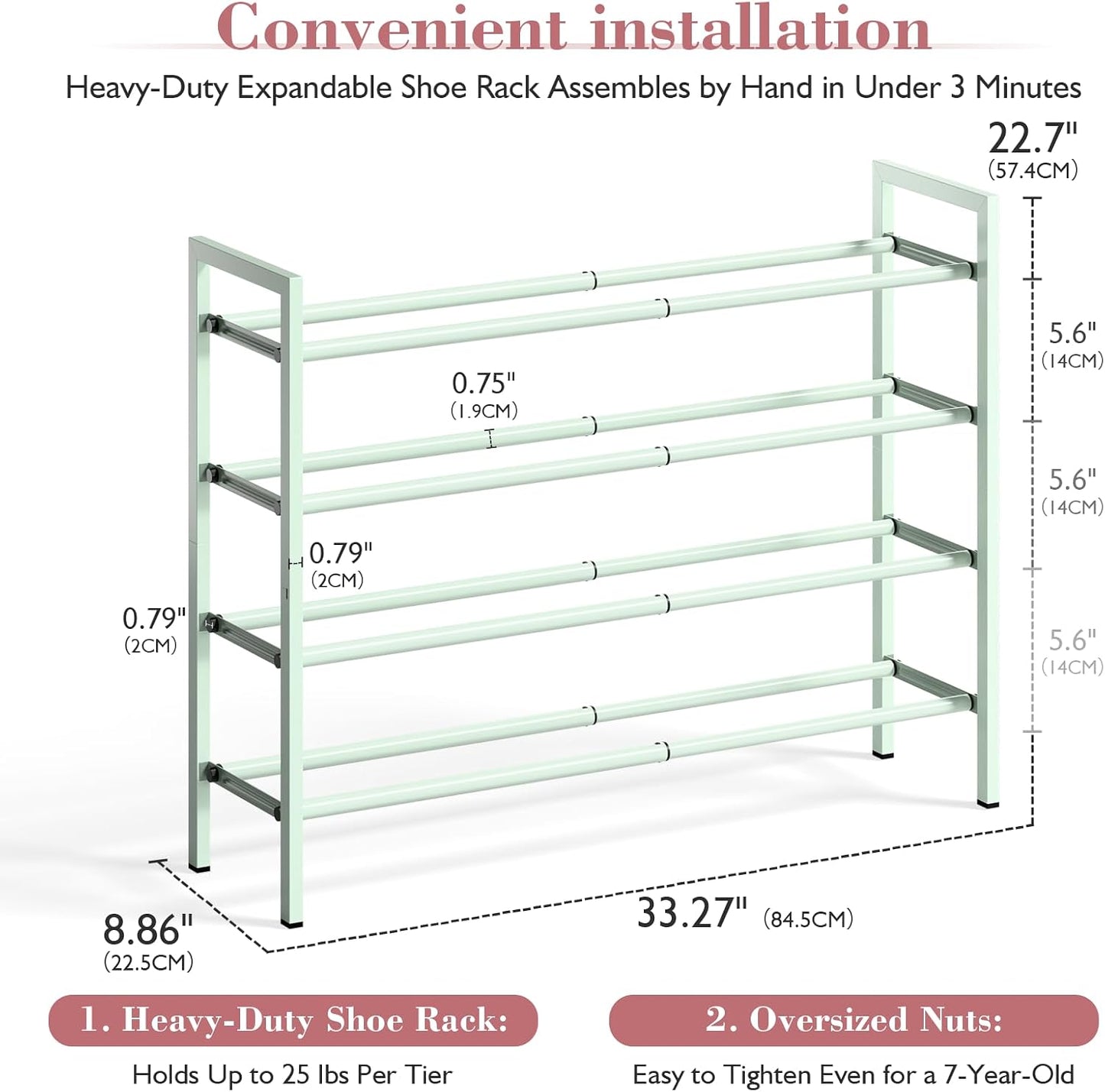 Bumusty 3-Tier Expandable Shoe Rack for Closet, 18“-33” Adjustable Shoe Rack for Small Space, Small Shoe Organizer for Front Door, Sturdy Metal, Black
