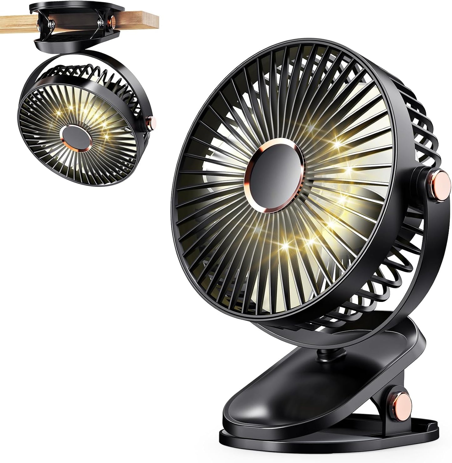 iNeibo 4000mAh Portable Clip on Fan with LED Lights, Battery Operated USB Desk Fan,4 Speed Quiet Rechargeable Mini Table Fan, 360° Rotate Personal Cooling Fan for Home Office Stroller Camping (Black)
