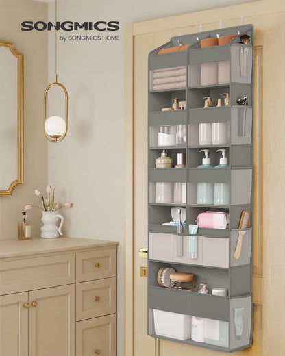 SONGMICS Over-the-Door Organizer, 9-Compartment Door Hanging Storage Shelf, Foldable Closet Hanging Organizer, Heavy-Duty, Metal Hooks, Transparent, Dove Gray URDH009GD01
