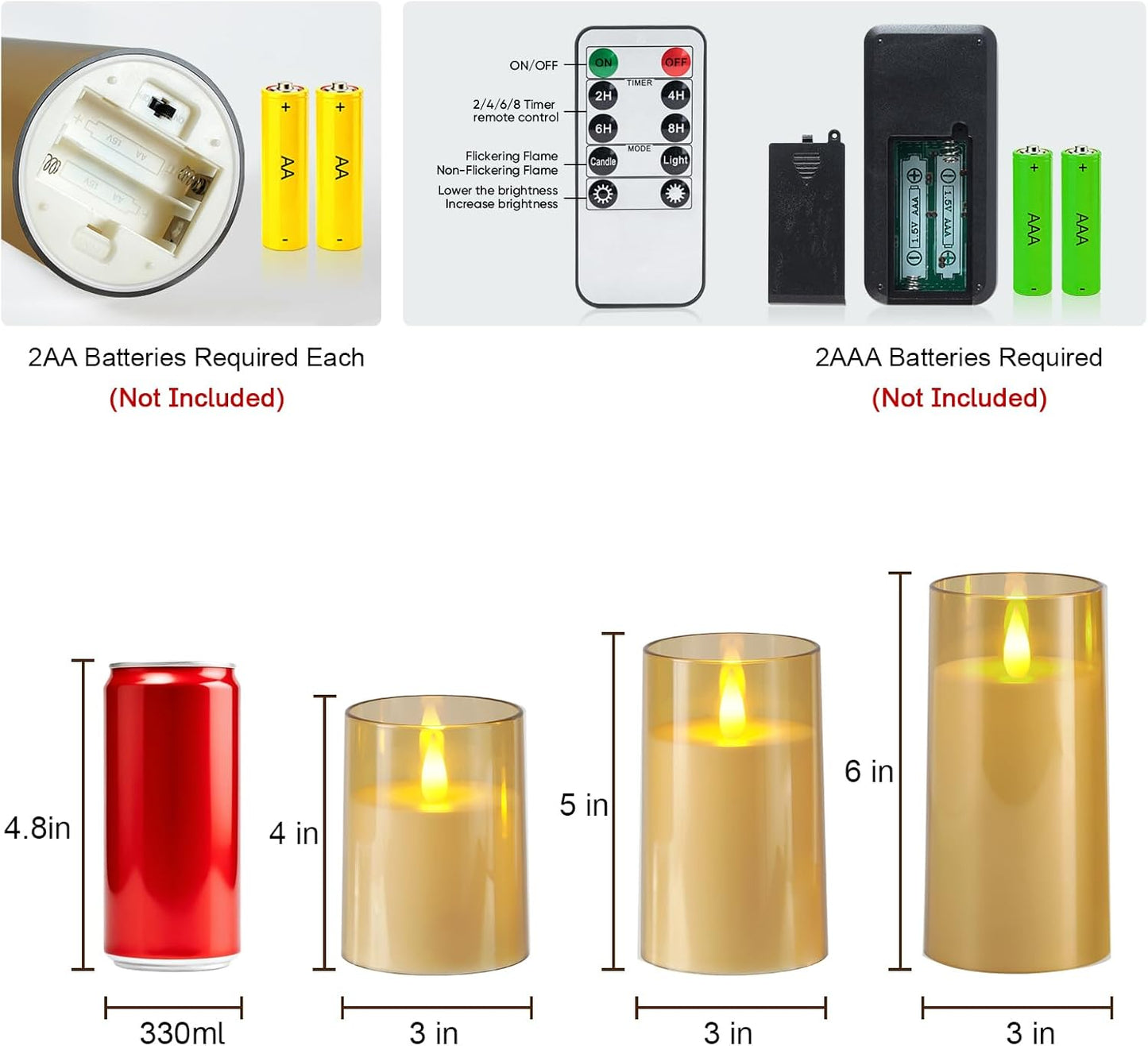 Raycare Flameless Electronic Pillar Candles with Remote Control and Timer- Battery Operated Realistic Flickering LED Fake Candle for Home, Wedding, Valentine's Day, Decor,White,Set of 2(3"x6"6")