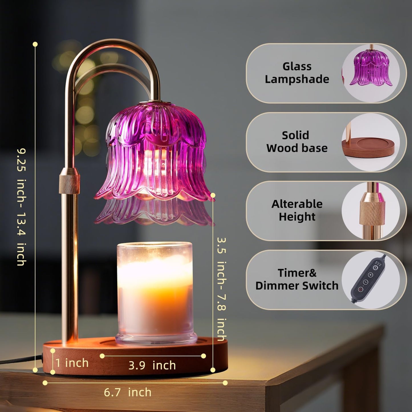 CRMILL Candle Warmer Lamp with Timer: Adjustable Dimmable Height Adjustable Warming - Flower Shape Wax Lamp Jar Candles No Flame Modern Home Decor Table Lights - Home Living Bedroom