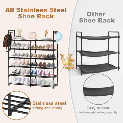 3 Row 4 Tier Long Shoe Rack, Black Metal Stackable Shoe Shelf with Multifunctional Hooks, Shoe Storage Hold 24-30 Pairs, Space Saving Shoe Organizer for Closet,Wide Shoe Rack