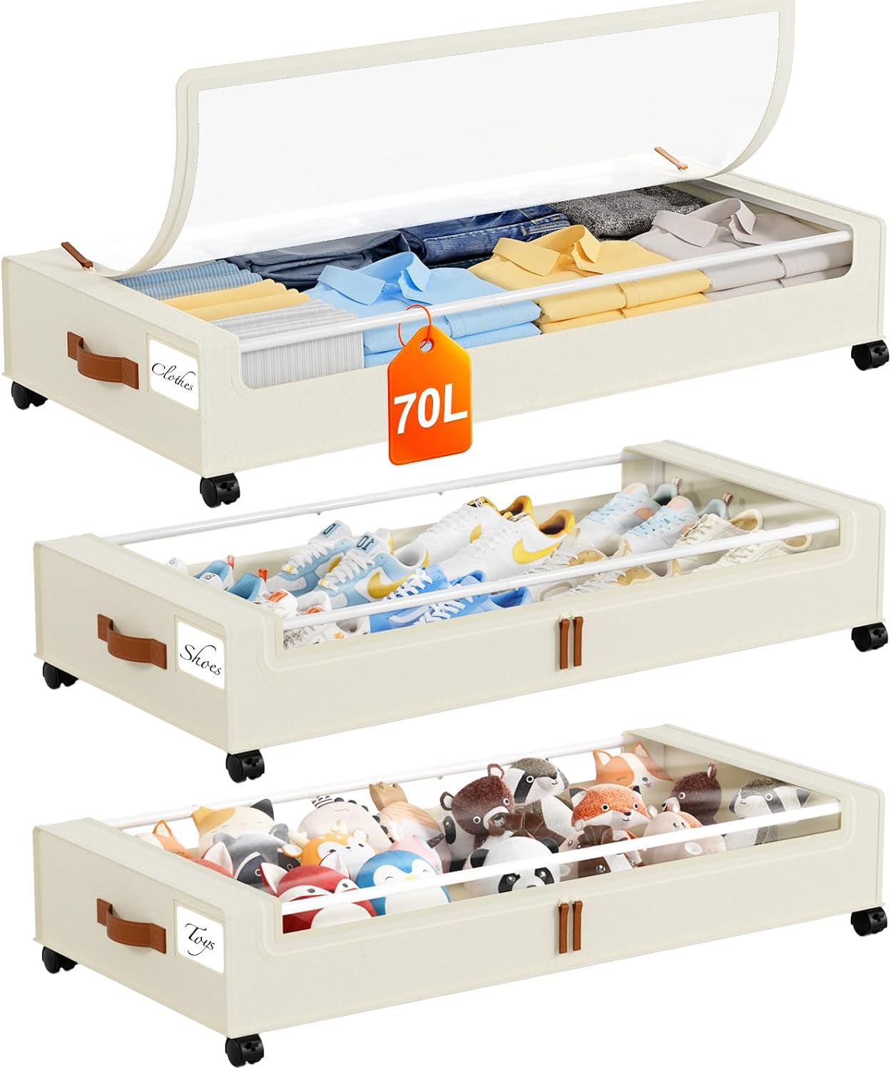 Yecaye Under Bed Storage with Wheels, 2 Pack Under Bed Storage Containers, 60L Underbed Shoe Storage with Clear Window & Label, Rolling Under Bed Metal Drawer for Clothes, Shoes, Books, Blankets