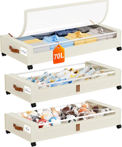 Yecaye Under Bed Storage with Wheels, 2 Pack Under Bed Storage Containers, 60L Underbed Shoe Storage with Clear Window & Label, Rolling Under Bed Metal Drawer for Clothes, Shoes, Books, Blankets