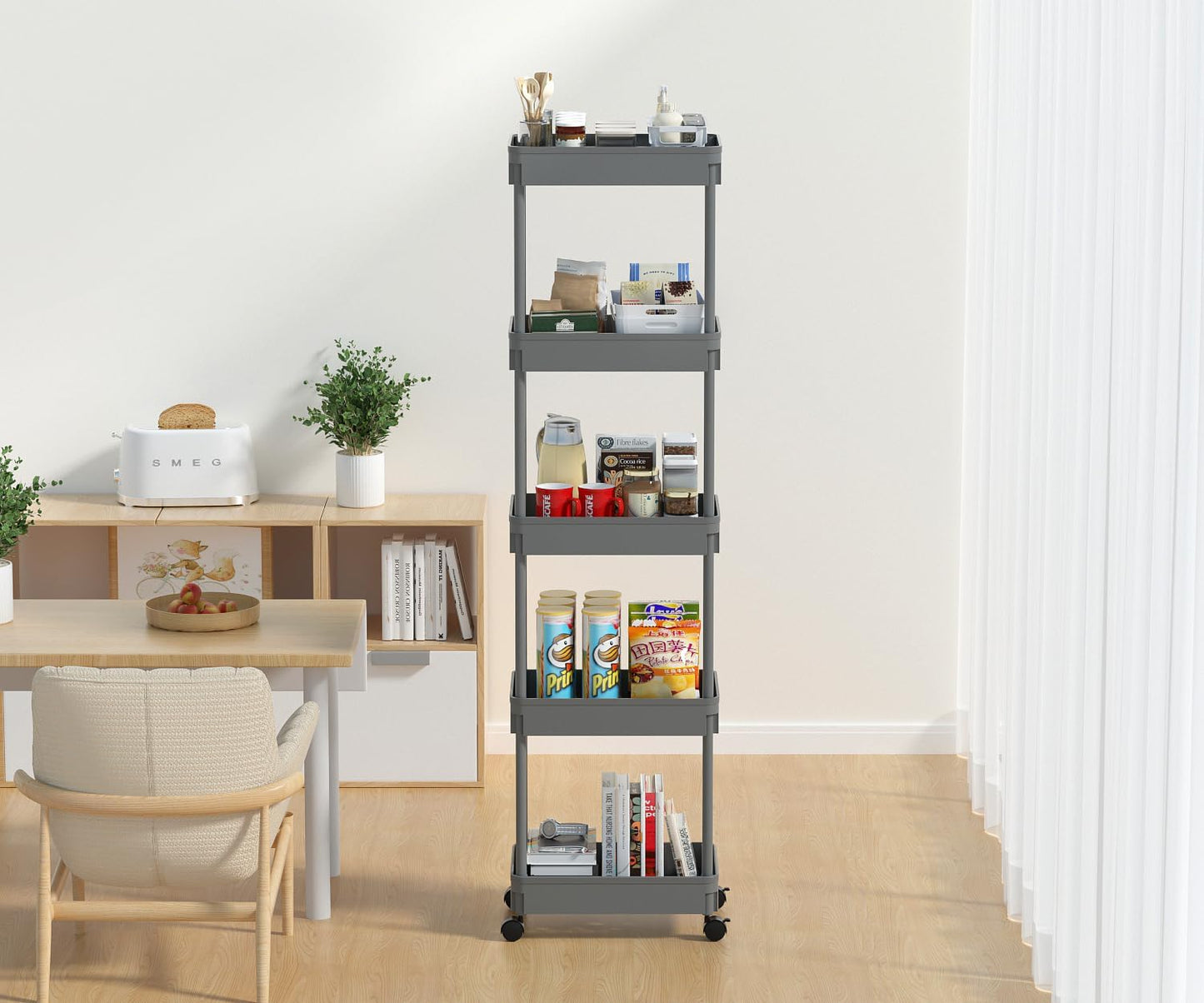 Sooyee 3 Tier Rolling Cart with Wheels, Slim Storage Cart, Under Desk Narrow Rolling Utility Cart Storage Organizer for Office Bathroom Kitchen Laundry Room Narrow Places, White, Plastic and Metal