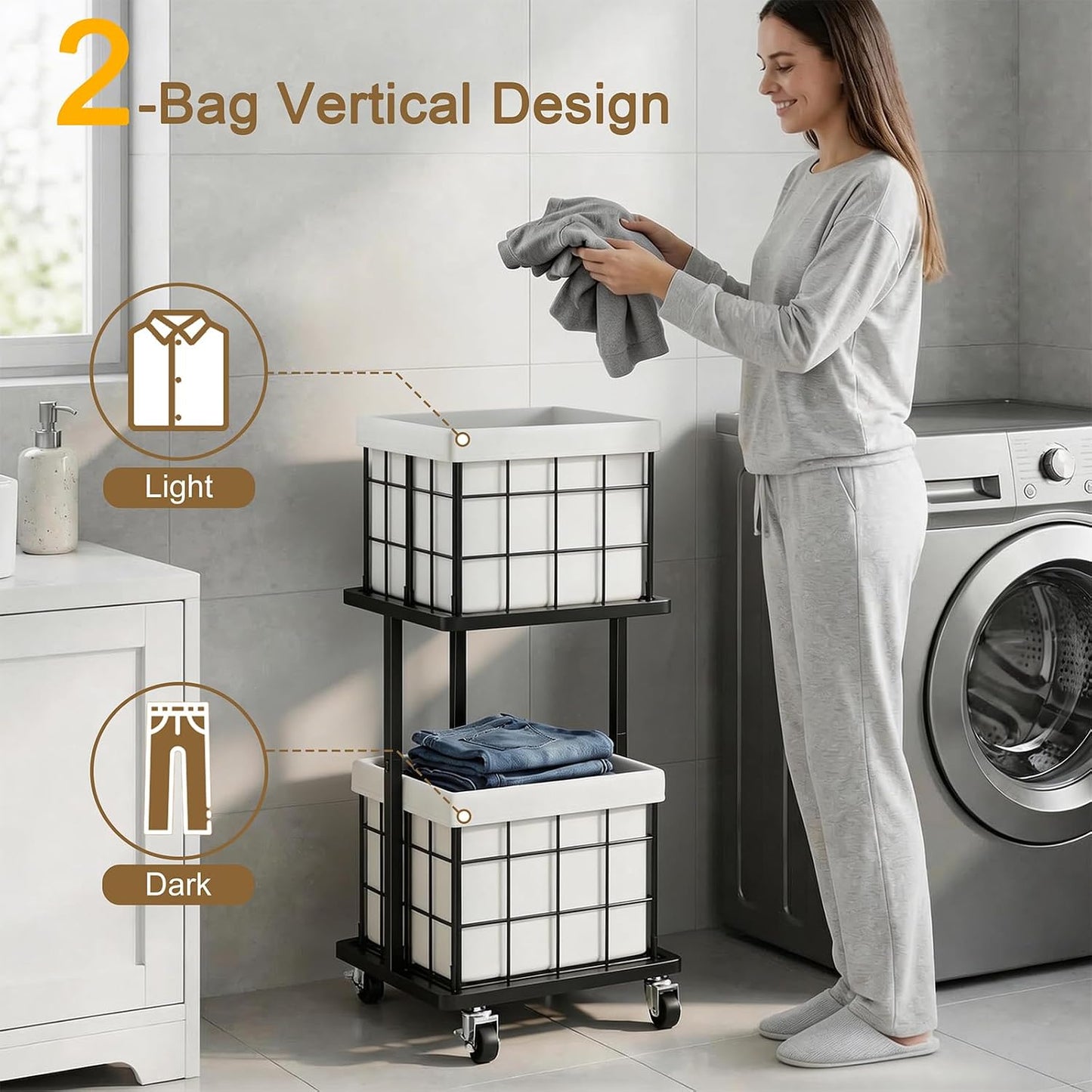 120L Vertical Rolling Laundry Hamper with Removable Bags, 3 Section Laundry Basket with Wheels, Slim Tall 3 Tier Laundry Sorter for Small Spaces, Dorm, Laundry Room, Bathroom, Closet, White