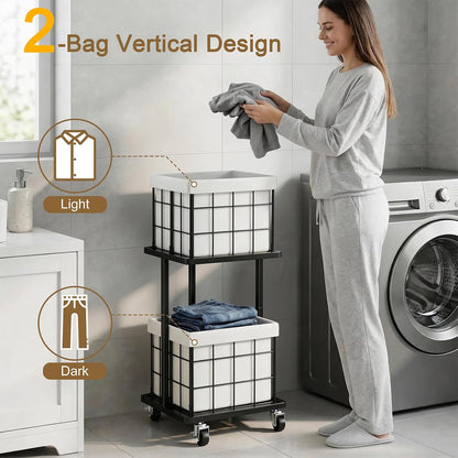 120L Vertical Rolling Laundry Hamper with Removable Bags, 3 Section Laundry Basket with Wheels, Slim Tall 3 Tier Laundry Sorter for Small Spaces, Dorm, Laundry Room, Bathroom, Closet, White