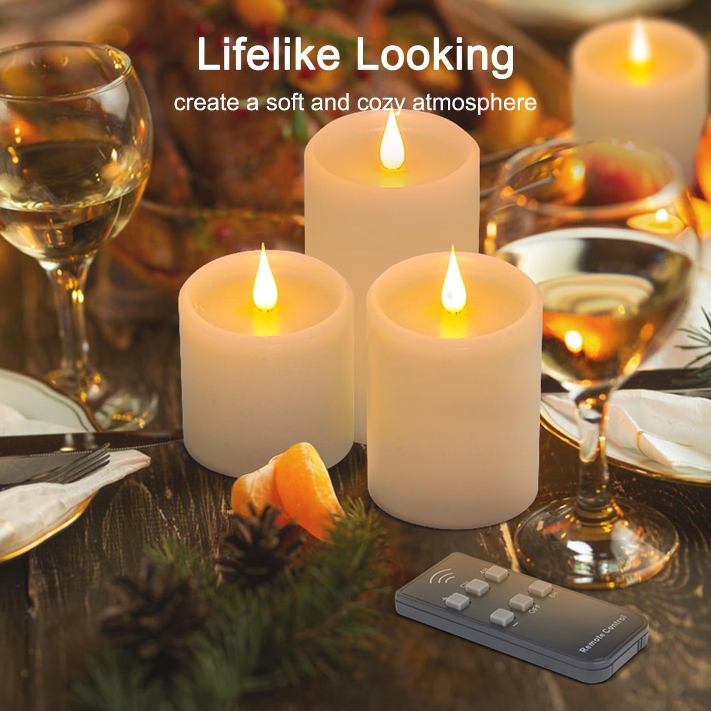 Flickering Flameless Candles with 3D Moving Flame, Real Wax Battery Operated Candles with Timer and Remote, Last 600+ Hours, 3" x 3" LED Fake Candles for Home Wedding Christmas Decor, 2 Pack