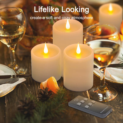 Flickering Flameless Candles with 3D Moving Flame, Real Wax Battery Operated Candles with Timer and Remote, Last 600+ Hours, 3" x 3" LED Fake Candles for Home Wedding Christmas Decor, 2 Pack