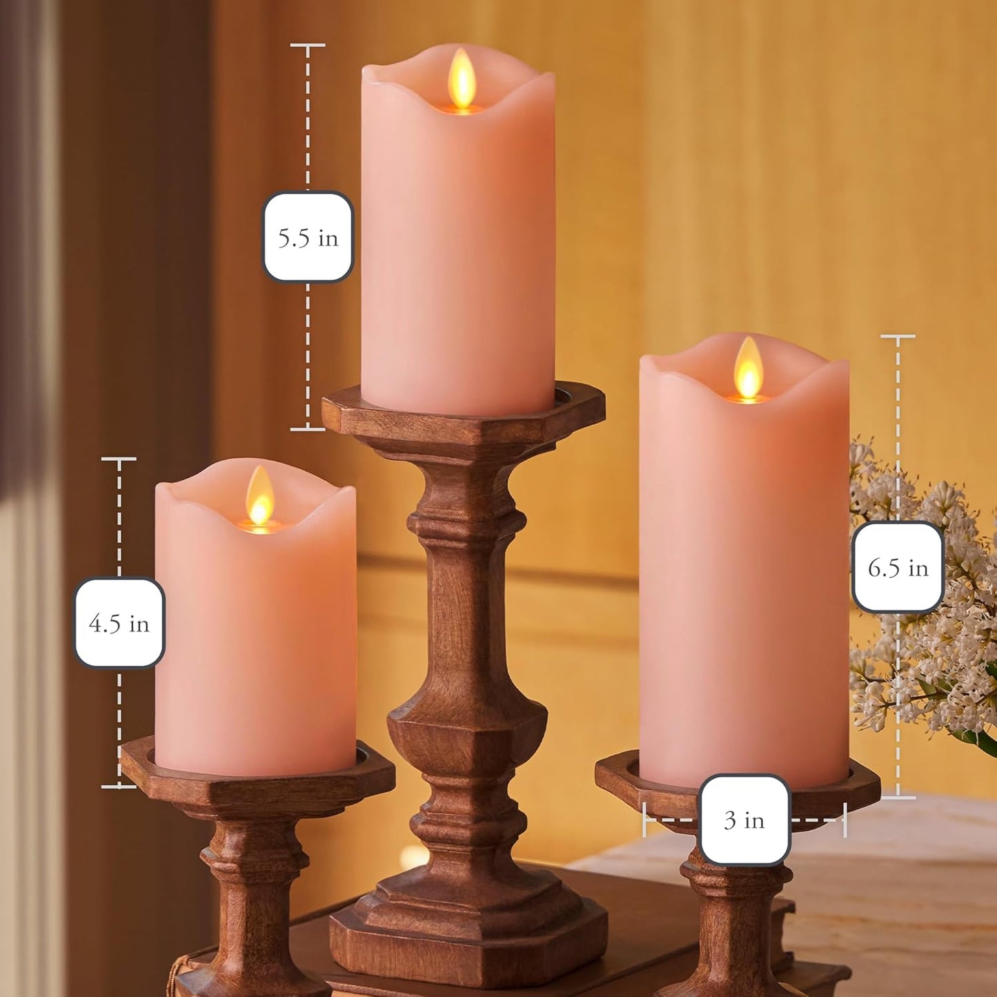 Matchless Candle Co. by Luminara Set of 3 Flameless LED Flickering Moving Flame Pillars (3" x 4.5", 5.5", 6.5"), Melted Unscented Real Wax Edge w/Smooth Finish, AA Battery Operated, Pearl Ivory