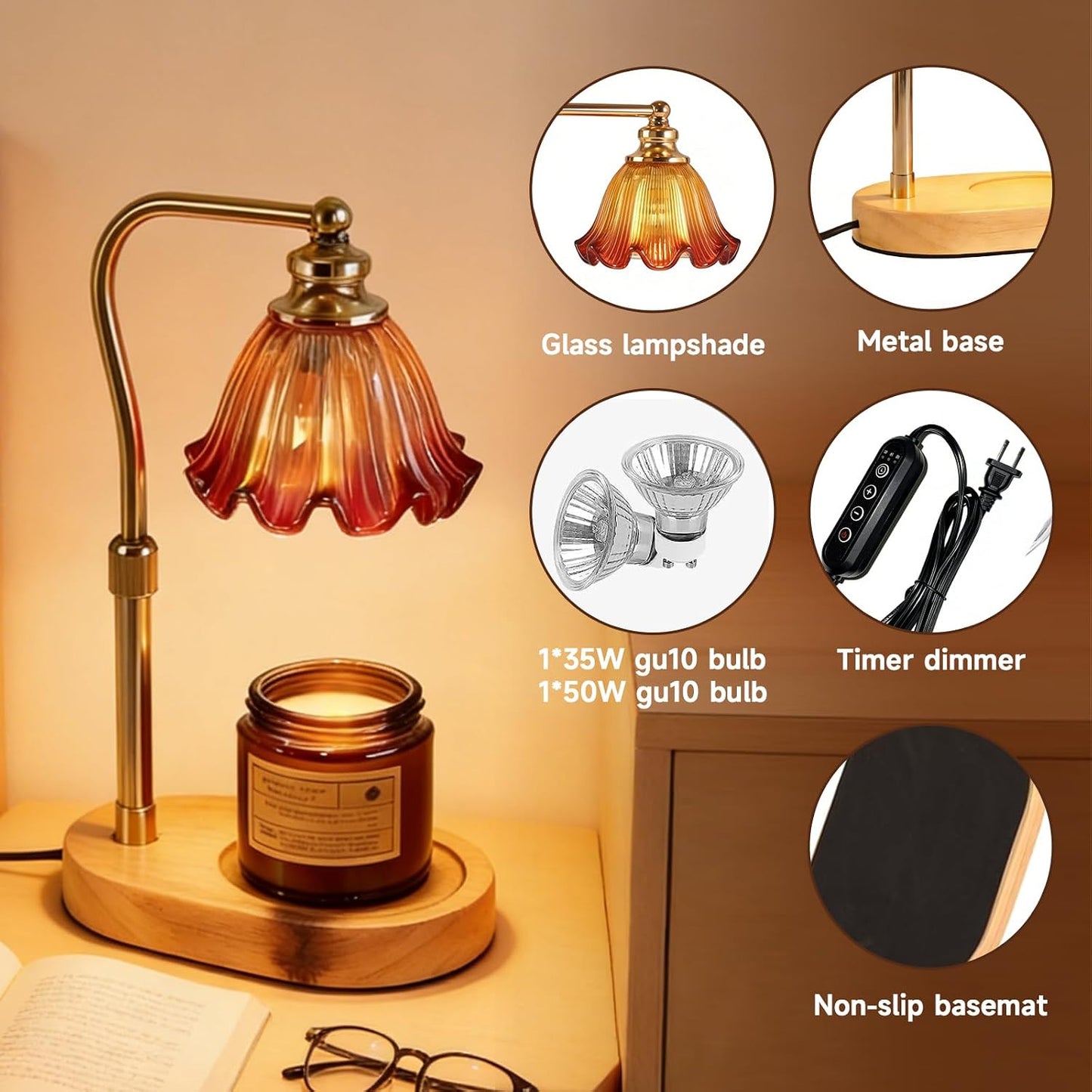 Candle Warmer Lamp with Timer, Dimmer, Vintage Glass Shade | Adjustable height, 2/4/8-hour timer, wood base, 2 bulbs included