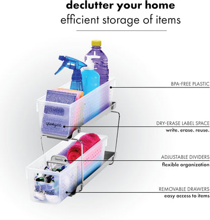 madesmart 2 Tier Bath Organizer, Under Cabinet Storage with Sliding Drawers, for Cleaning Supplies, Pantry, Sponges, Bottles & Kitchen Essentials, Adjustable Dividers & Pull Out Sliding Baskets, Blue