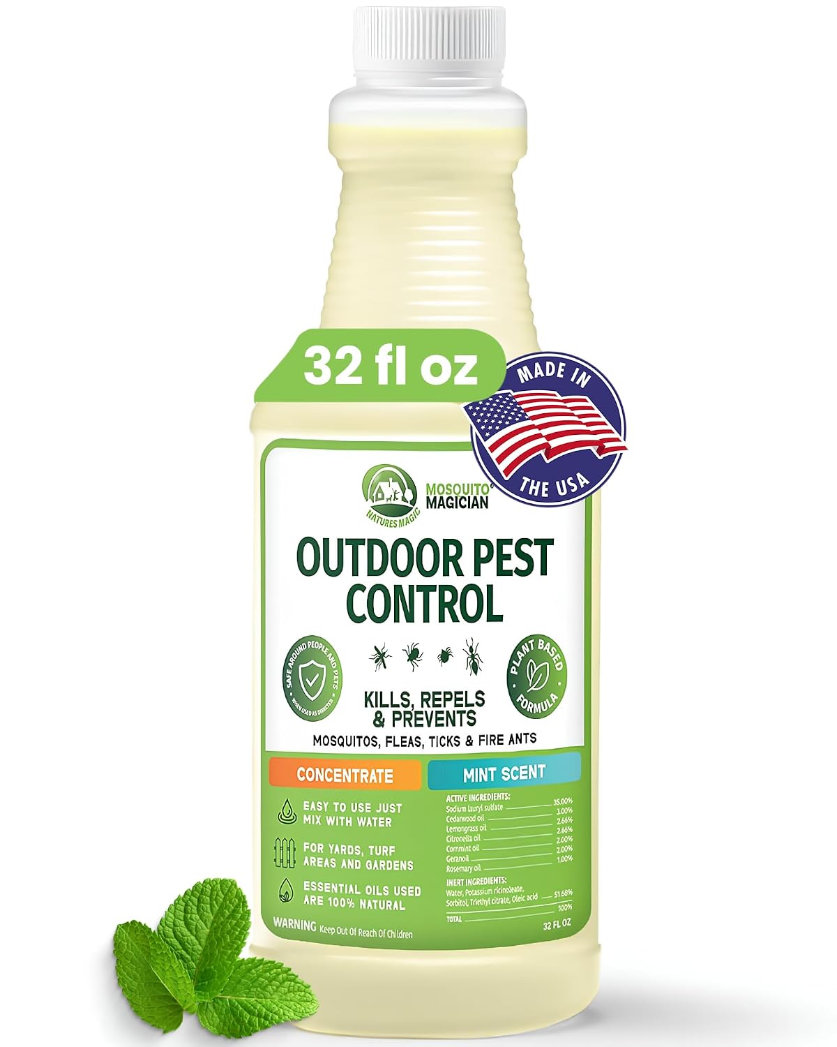 Mosquito Magician Liquid Concentrate – Kills Mosquitoes, Fleas & Fire Ants, Repels and Prevents Ticks – Essential Oil Yard Treatment Spray – Use with Sprayers, Foggers & Misting Systems – 32 oz, Mint