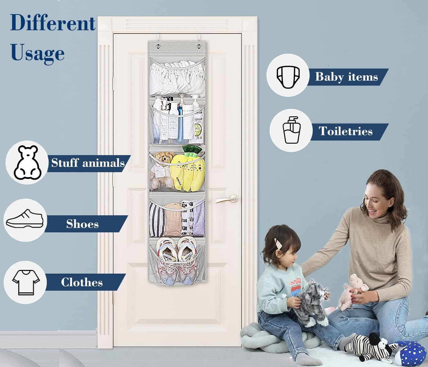 KEETDY Hanging Shelves Over the Door Organizer Storage for Closet with 5 Pockets Organizer for Bedroom Bathroom, 2 Pack（Grey）