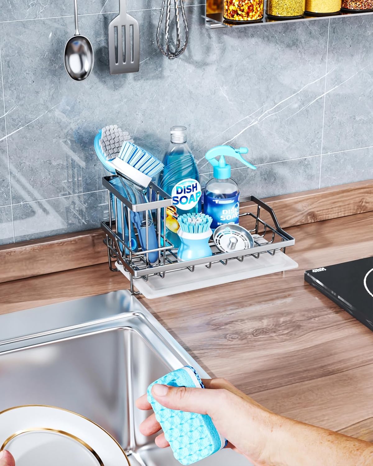 Consumest Sponge Holder for Kitchen Sink - Kitchen Sink Caddy Organizer with Removable Drip Tray for Countertop Dish Soap Dispenser Brush Storage Accessories 304 Stainless Steel - Black